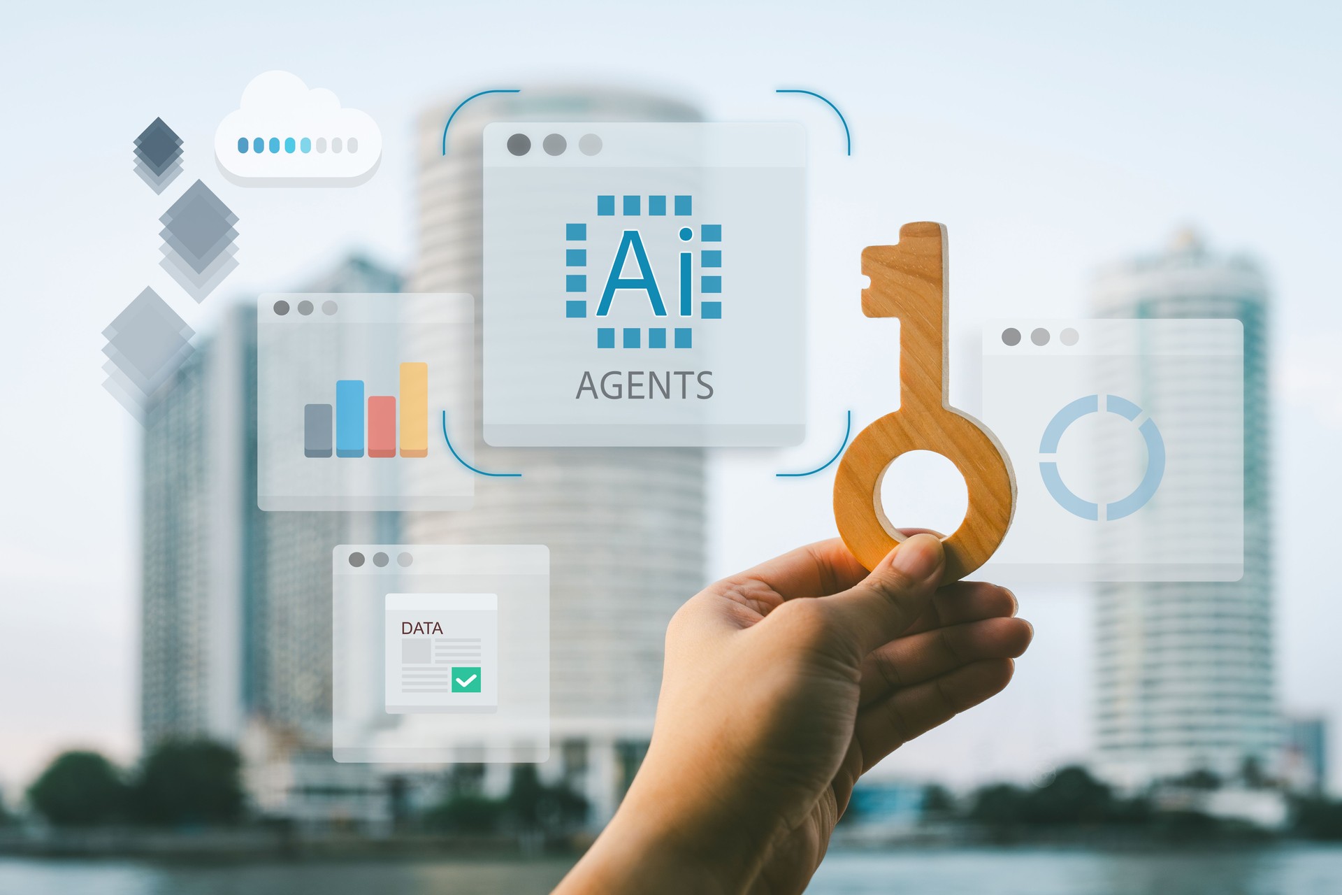 La chiave in legno con sovrapposizione dell'interfaccia digitale simboleggia l'accesso alla casa intelligente, la tecnologia immobiliare e la sicurezza della proprietà basata sull'intelligenza artificiale. Perfetto per la serratura intelligente, l'innovaz